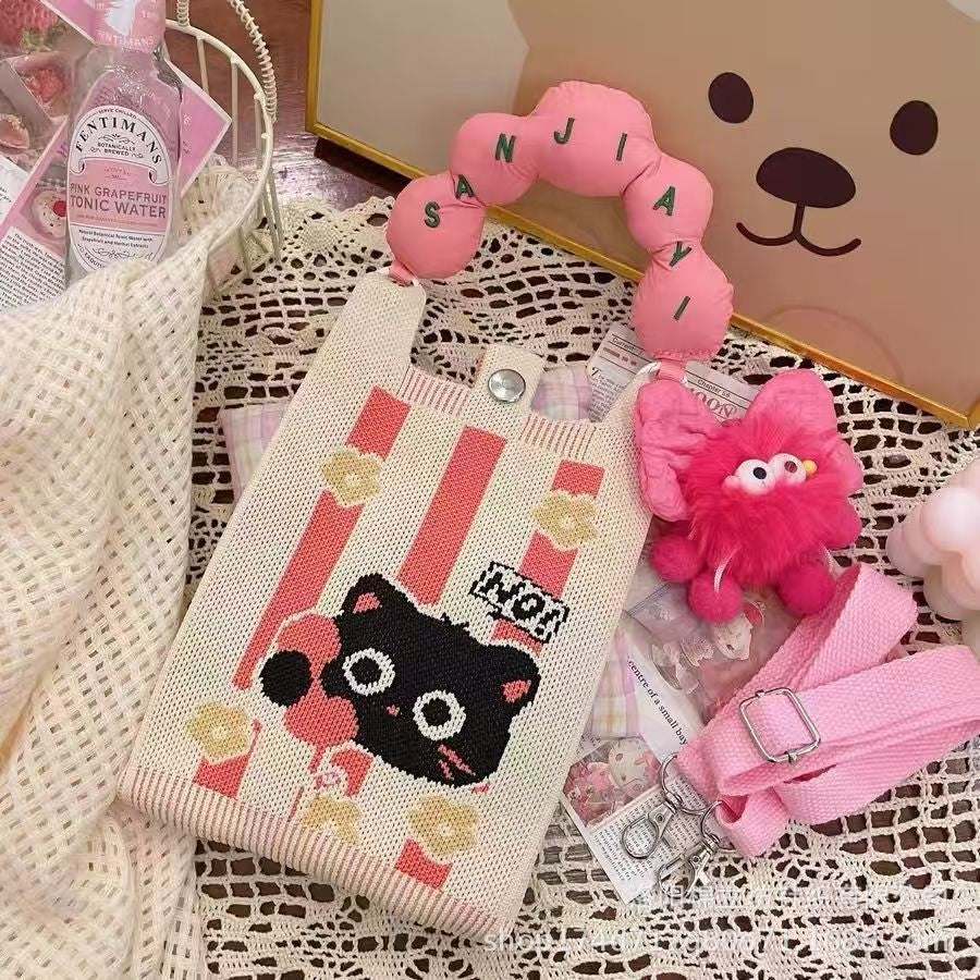 New cute cartoon knitted handbag for mobile phones, small and portable, stylish and fresh mini bag for women.